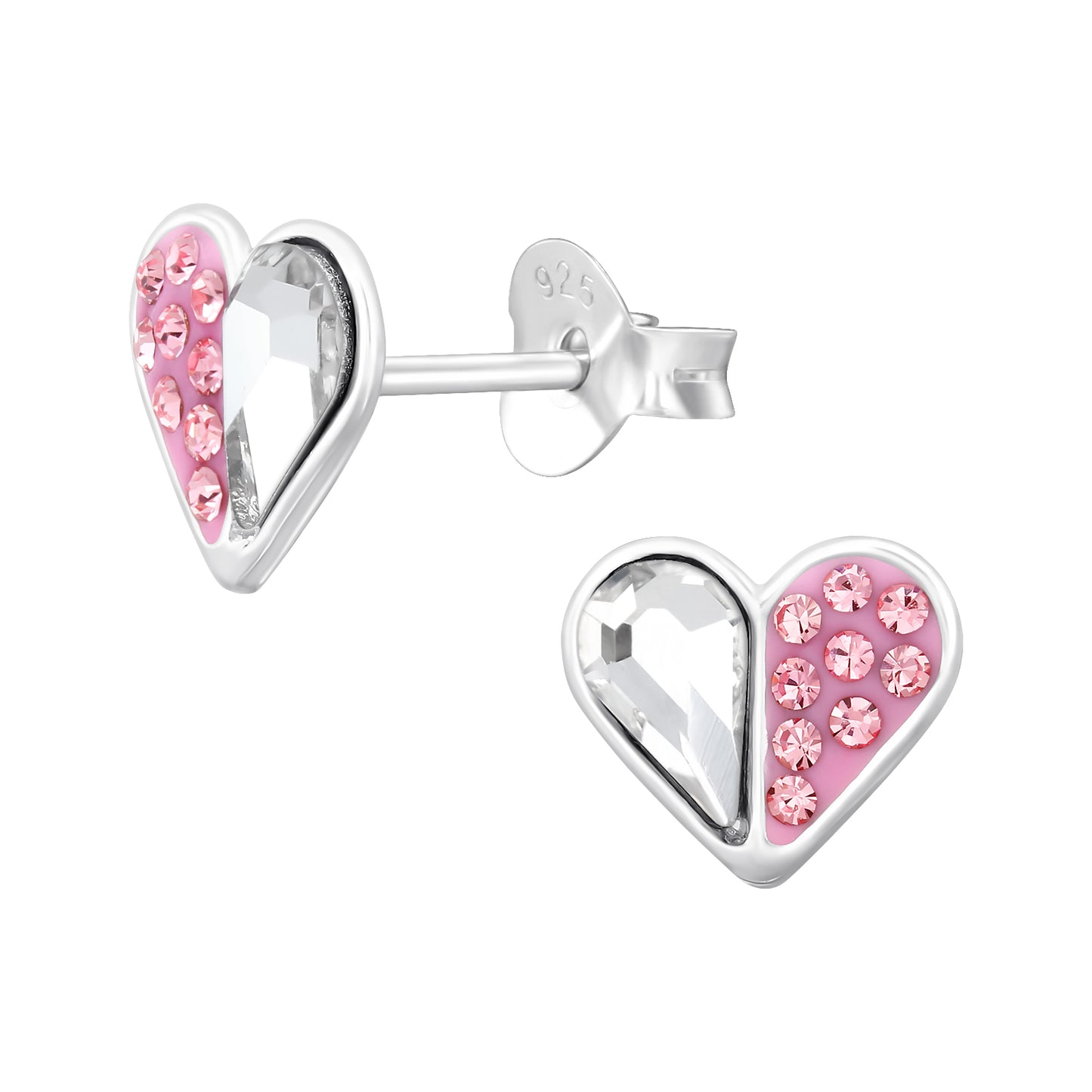 Hearts Sterling Silver Ear Studs with Crystal
