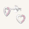 A pair of sterling silver ear studs in the shape of open hearts, adorned with cubic zirconia.