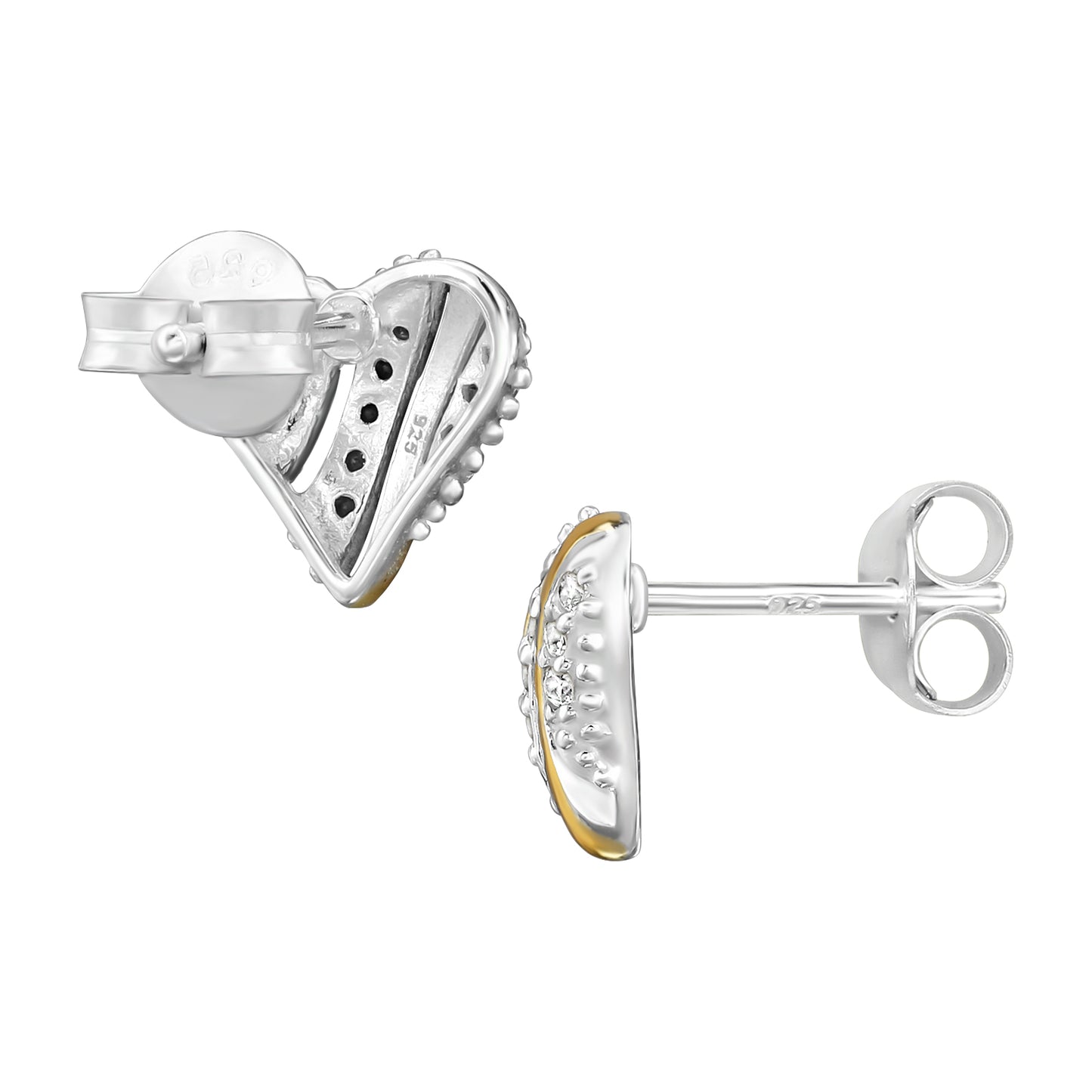 2 Tone Heart Sterling Silver Ear Studs with Cubic Zirconia
