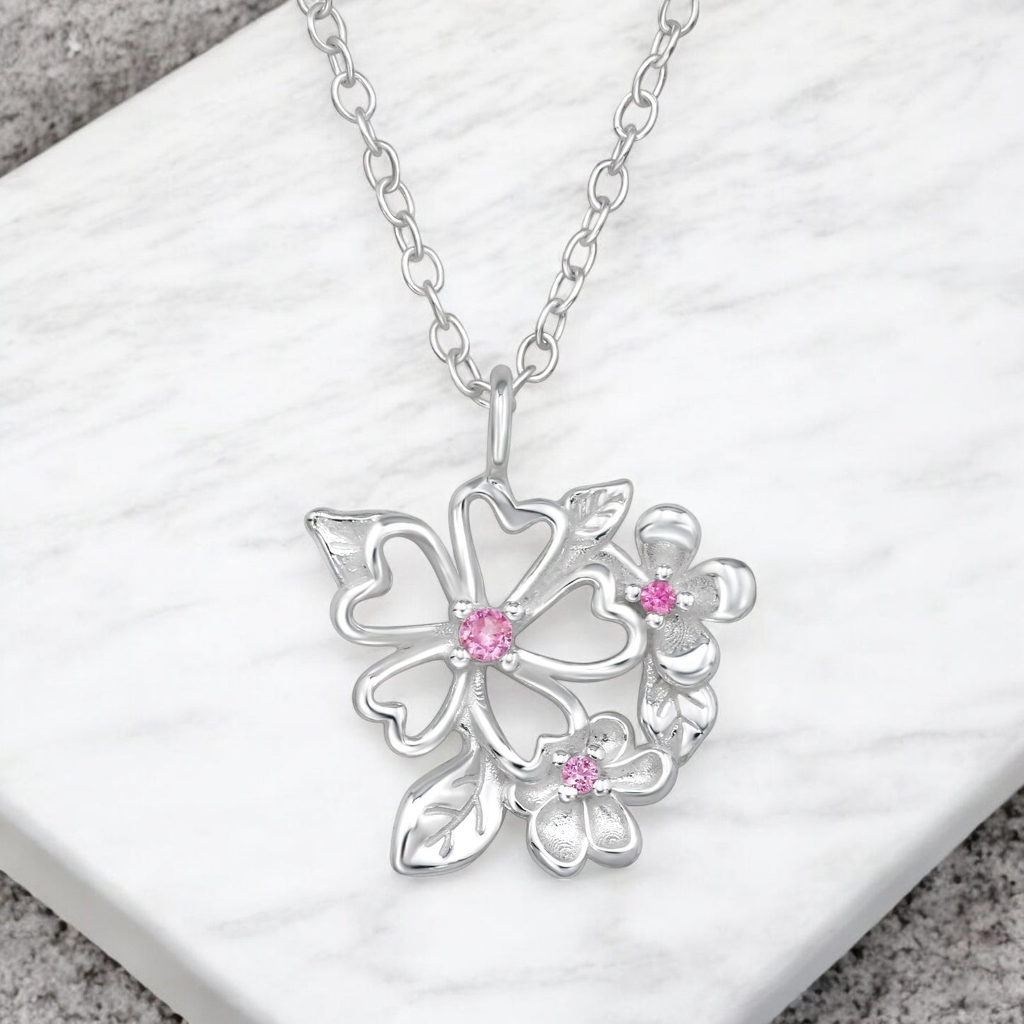 Flowers and Leaf Cluster Sterling Silver Necklace with Cubic Zirconia