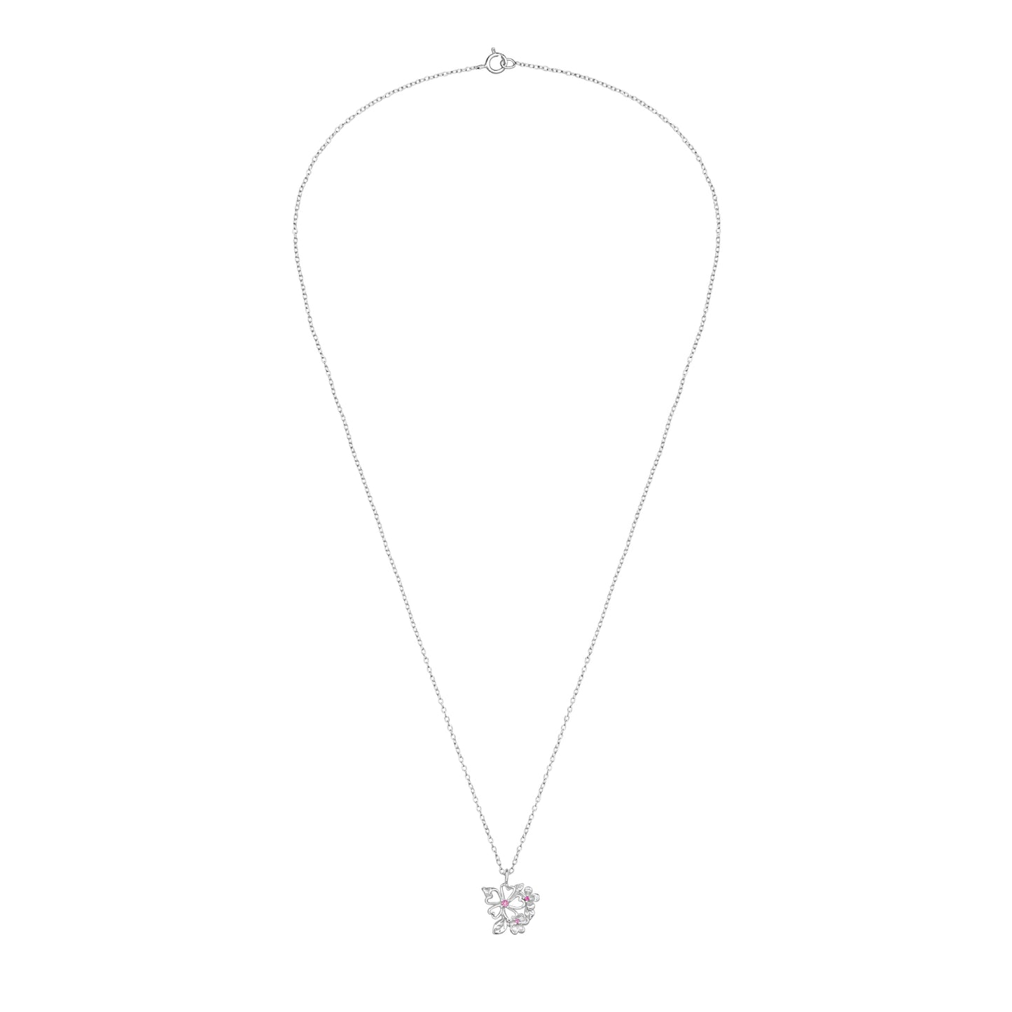 Flowers and Leaf Cluster Sterling Silver Necklace with Cubic Zirconia