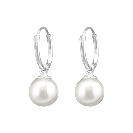 Silver Ear Hoops with Hanging Synthetic Pearl