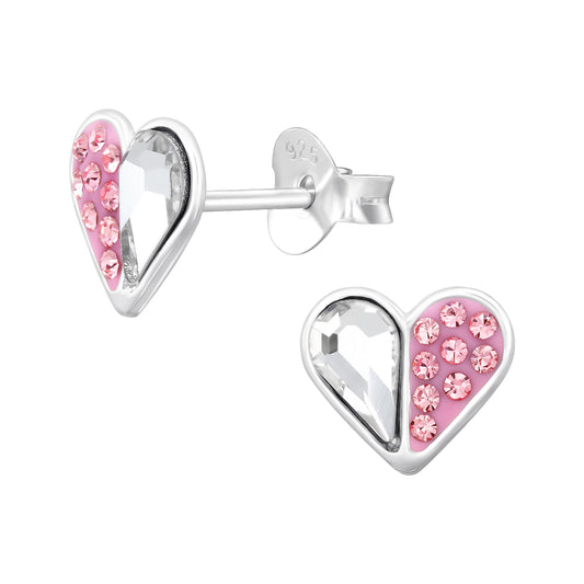 Hearts Sterling Silver Ear Studs with Crystal