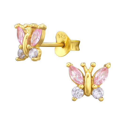Butterfly Sterling Silver Ear Studs with Cubic Zirconia - Gold Plated