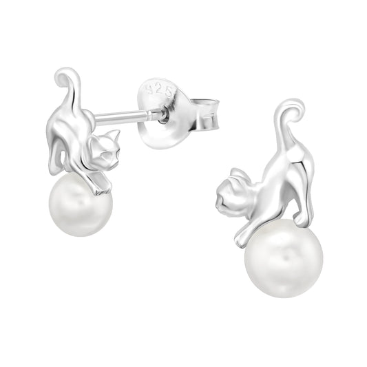 Sterling Silver Cat Ear Studs with Imitation Pearl