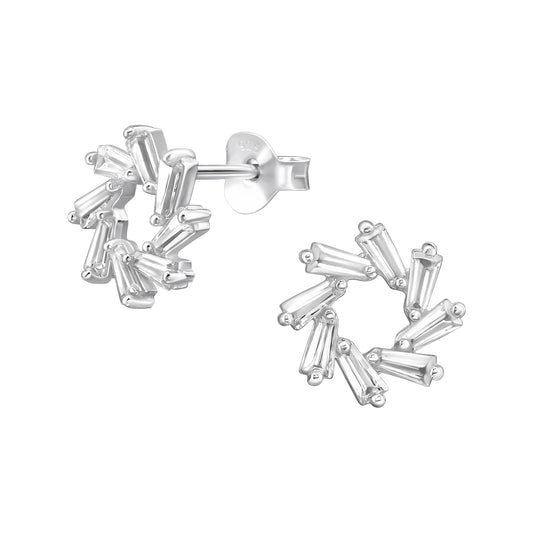 Baguette Circle Sterling Silver Ear Studs with Cubic Zirconia