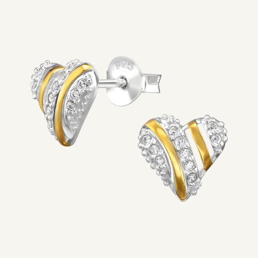 2 Tone Heart Sterling Silver Ear Studs with Cubic Zirconia