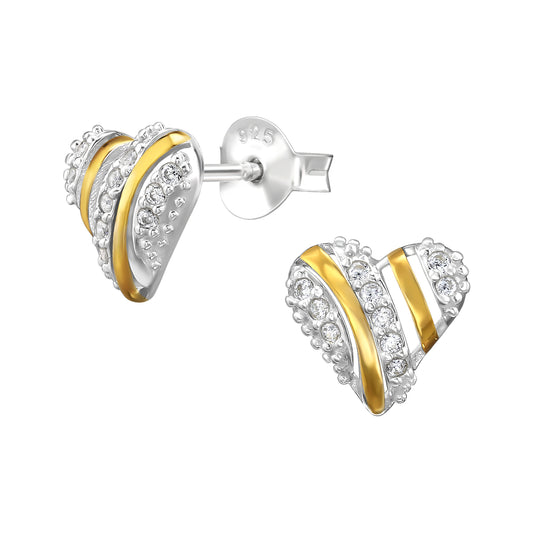 2 Tone Heart Sterling Silver Ear Studs with Cubic Zirconia
