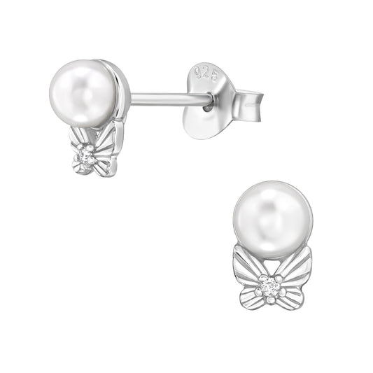 Butterfly Sterling Silver Ear Studs with Cubic Zirconia and Imitation Pearl