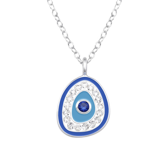 Turkish Evil Eye Sterling Silver Necklace with Cubic Zirconia, Crystal and Epoxy