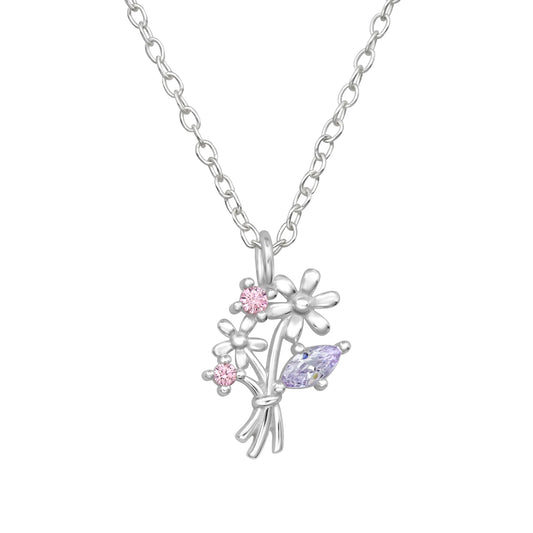 Flowers Sterling Silver Necklace with Cubic Zirconia
