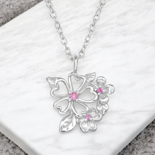 Flowers and Leaf Cluster Sterling Silver Necklace with Cubic Zirconia