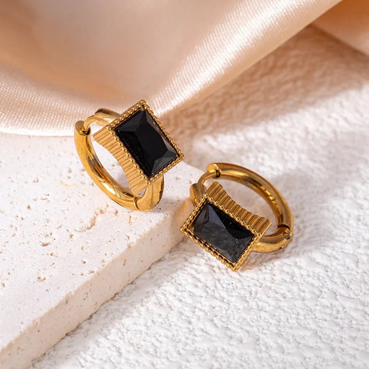 Rectangle Black Gemstone Huggie Earrings