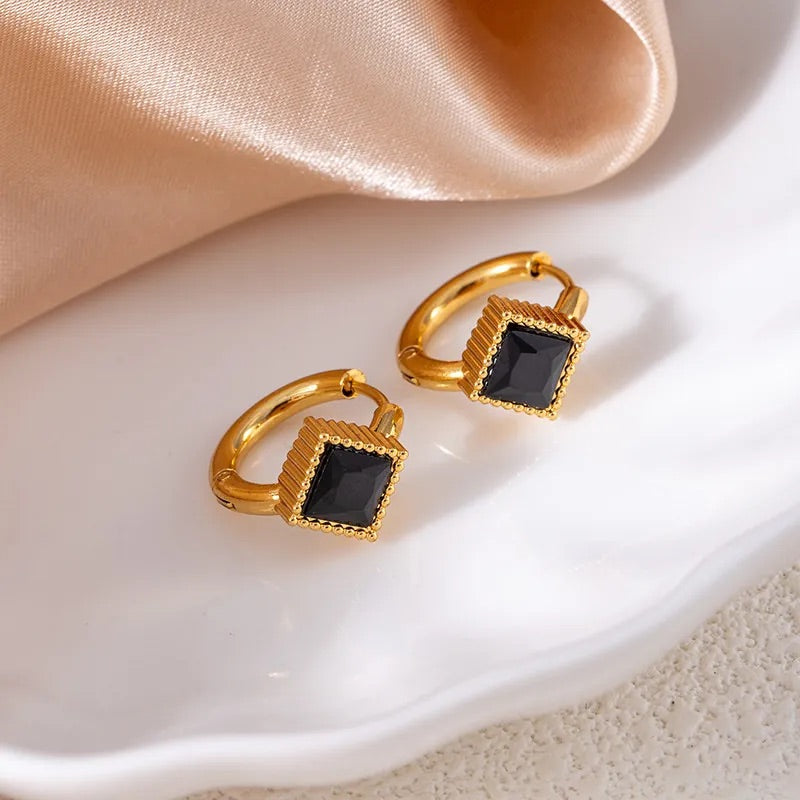 Square Black Gemstone Huggie Earrings